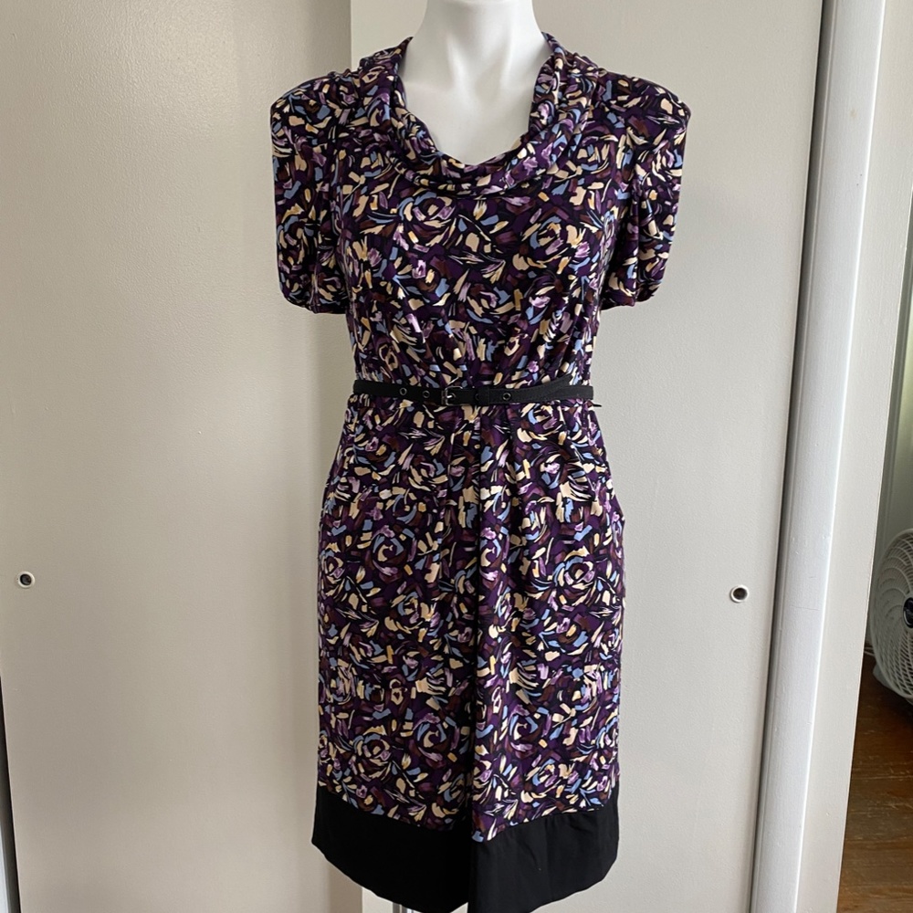 BCBG Paris Cowl Neck Multi-color Belted Dress